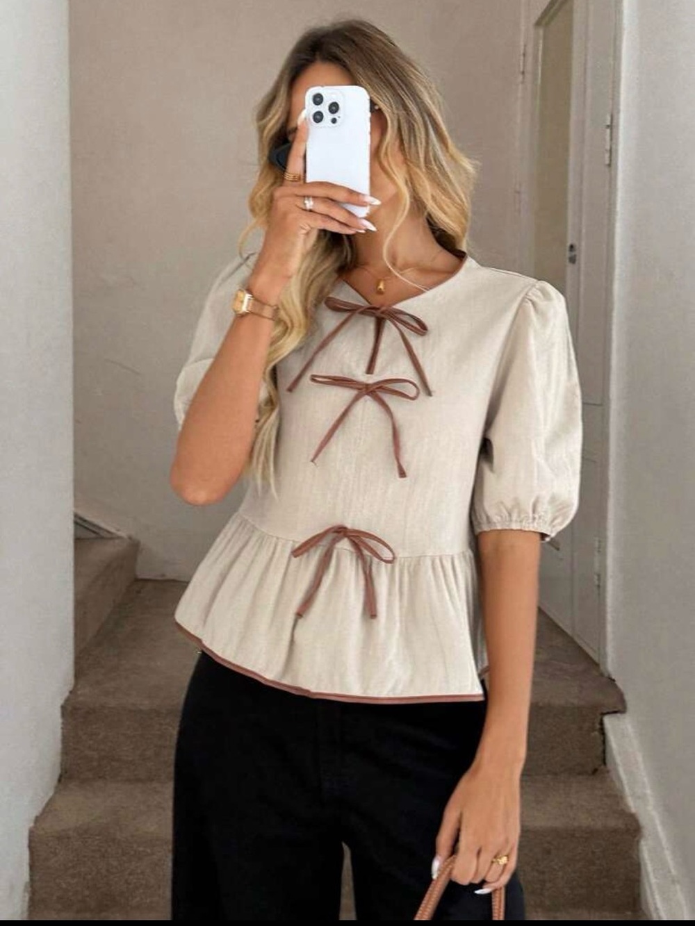 Women's Cream Peplum Tie-Front Top